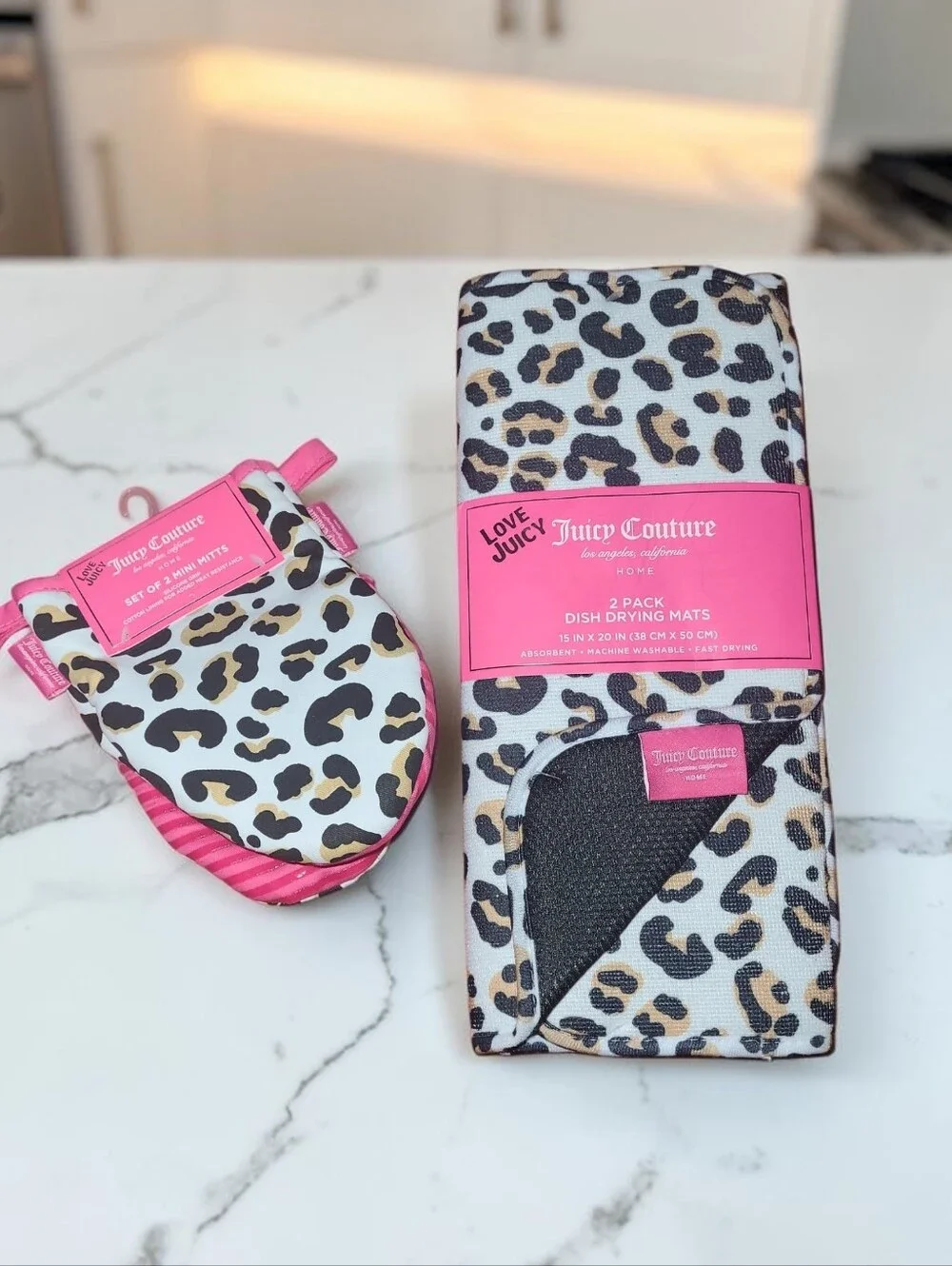 Juicy Couture Leopard Print Dish Drying Mats & Pink Trim Mini Mitts